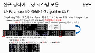 Step3: step2에서 계산한 8~10gram 확률값으로 10gram 확률 linear interpolation
mapper: Step1과 동일한 key를 만들되 1st key를 문자열 역순으로 변환,
“마지막” 음절 기준으로 8~10gram이 sort 및 reducer에 grouping 될 수 있도록 함
reducer: linear interpolation 수행, 최종 LM값 생성
* 예: “가나다라” 의 경우
𝑷 𝑳𝑴 라 다나가) = 𝒂 ∗ 𝑷 𝑳𝑴 라 다나가 + 𝒃 ∗ 𝑷 𝑳𝑴 라 다나 + 𝒄 ∗ 𝑷 𝑳𝑴 라 다
LM Parameter 분산 학습을 위한 algorithm (2/2)
신규 검색어 교정 시스템 모듈
10gram
9gram
8gram
 