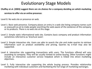 Evolutionary Stage Models
Chaffey et al. (2003) suggest there are six choices for a company deciding on which marketing
services to offer via an online presence:
Level 0. No web site or presence on web.
Level 1. Basic web presence. Company places an entry in a web site listing company names such
as www.yell.co.uk to make people searching the web aware of the existence of the company
or its products. There is no web site at this stage.
Level 2. Simple static informational web site. Contains basic company and product information
sometimes referred to as ‘brochure ware’.
Level 3. Simple interactive site. Users are able to search the site and make queries to retrieve
information such as product availability and pricing. Queries by e-mail may also be
supported.
Level 4. Interactive site supporting transactions with users. The functions offered will vary
according to company. They will be usually limited to online buying. Other functions might
include an interactive customer service helpdesk which is linked into direct marketing
objectives.
Level 5. Fully interactive site supporting the whole buying process. Provides relationship
marketing with individual customers and facilitating the full range of marketing exchanges.
 