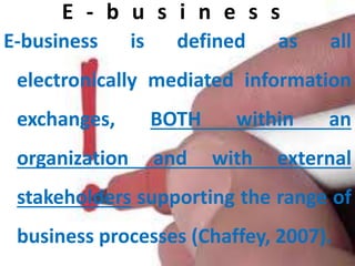 E - b u s i n e s s
E-business is defined as all
electronically mediated information
exchanges, BOTH within an
organization and with external
stakeholders supporting the range of
business processes (Chaffey, 2007).
 