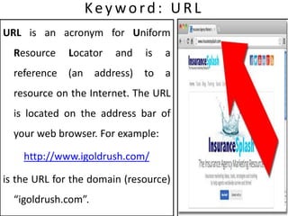 Key wo rd: URL
URL is an acronym for Uniform
Resource Locator and is a
reference (an address) to a
resource on the Internet. The URL
is located on the address bar of
your web browser. For example:
http://www.igoldrush.com/
is the URL for the domain (resource)
“igoldrush.com”.
 