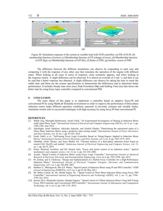  ISSN: 2088-8694
Int J Pow Elec & Dri Syst, Vol. 11, No. 2, June 2020 :762 – 773
772
(g)
Figure 20. Simulation response of the system at variable load with FLPI controller, (a) FIS of FLPI, (b)
membership function of (error), (c) Membership function of I/P (change of error), (d) Membership function
of O/P (Kp), (e) Membership function of O/P (Ki), (f) Rules of FIPI, (g) Surface viewer of FIPI
The difference between the different simulations can observe by responding to each case and
comparing it with the response of any other case that simulates the operation of the engine with different
states. When looking at all cases in terms of response: close symmetry appears, and when looking at
the response clearly. A slight difference can be observed. It is almost an override of 2 rad / s, and then it can
be said that a better response has obtained. A slight difference can observe by taking the time to reach the
stable state and these are the system specifications to demonstrate the differences and to determine better
performance. It includes Steady state error (ess), Peak Overshoot (Mp) and Settling Time (tss) that shows the
better state by using fuzzy logic controller compared to conventional PID.
5. CONCLUSION
The main object of this paper is to implement a controller based on adaptive fuzzy-PI and
conventional PI by using MathLab Simulink environment in order to improve the performance of three-phase
induction motor under different operation conditions represent in (no-load, constant and variable loads),
simulation results refer to successful techniques with high accuracy by using fuzzy-PI than conventional PI.
REFERENCES
[1] Mahdi Atig, Mustapha Bouheraoua, Arezki Fekik, "An Experimental Investigation of Heating in Induction Motor
under Open Phase Fault," International Journal of Electrical and Computer Engineering (IJECE), vol. 8, no. 3, pp.
1288-1296, June 2018.
[2] Aderibigbe, Israel Adekitan, Adeyinka Adewale, and Alashiri Olaitan, "Determining the operational status of a
Three Phase Induction Motor using a predictive data mining model," International Journal of Power Electronics
and Drive Systems, vol. 10, no. 1, pp. 93-103, 2019.
[3] Farah, Nabil, et al., "Self-tuning Fuzzy Logic Controller Based on Takagi-Sugeno Applied to Induction Motor
Drives," International Journal of Power Electronics and Drive Systems, vol. 9, no. 4, pp. 1967-1975, 2018.
[4] Abdullah, Afrah Thamer, and Amer Mejbel Ali, "Thermal analysis of a three-phase induction motor based on
motor-CAD, flux2D, and matlab," Indonesian Journal of Electrical Engineering and Computer Science, vol. 15,
no. 1, pp. 46-53, 2019.
[5] Denai, Mouloud Azzedine, and Sid Ahmed Attia, "Fuzzy and neural control of an induction motor," Applied
mathematics and computer science, vol. 12, no. 2, pp. 221-234, 2002.
[6] Ayushi, "Speed Control of Induction Motor using Fuzzy Logic Controller," International Journal of Advanced
Research in Electrical, Electronic and Instrumentation Engineering, vol.4, no.4, pp. 2581-2588, Apr, 2015.
[7] M. Zerikat, and S. Chekroun, “Design and Implementation of a Hybrid Fuzzy Controller for a High-Performance
Induction Motor," International Journal of Electrical, Computer Energetic, Electronic and Communication
Engineering, vol.1, no. 2, pp. 202-208, 2007.
[8] Madhavi L. Mhaisgawali, Mrs.S.P. Muley, "Speed Control of Induction Motor using PI and PID Controller," IOSR
Journal of Engineering (IOSRJEN), vol.3, no. 5, pp.25-30, May 2013.
[9] Mr. Bidwe Umesh. B., Mr. Shinde Sanjay. M., " Speed Control of Three Phase Induction Motor using Fuzzy- PID
Controlller," International Journal of Engineering Research and Technology (IJERT), vol. 2, no. 11, pp. 3794–
3799, Nov 2013.
[10] Kamini Devi, Shailendra Gautam, Deepak Nagaria, " Speed Control of 3-Phase Induction Motor Using Self-Tuning
Fuzzy PID Controller and Conventional PID Controller," International Journal of Information and Computation
Technology, vol. 4, no.12, pp.1185-1193, 2014.
 