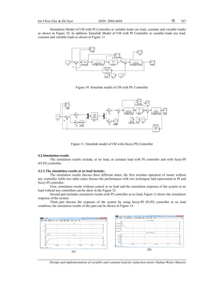 Int J Pow Elec & Dri Syst ISSN: 2088-8694 
Design and implementation of variable and constant load for induction motor (Salam Waley Shneen)
767
Simulation Model of I.M with PI Controller at variable loads (no load, constant and variable loads)
as shown in Figure 10. In addition, Simulink Model of I.M with PI Controller at variable loads (no load,
constant and variable load) as shown in Figure 11.
Figure 10. Simulink model of I.M with PI- Controller
Figure 11. Simulink model of I.M with (fuzzy-PI) Controller
4.2.Simulation results
The simulation results include, at no load, at constant load with PI controller and with fuzzy-PI
(FLPI) controller.
4.2.1.The simulation results at no load include:
The simulation results discuss three different states, the first includes operation of motor without
any controller while two other states discuss the performance with two techniques had represented in PI and
fuzzy-PI controller.
First, simulation results without control at no load and the simulation response of the system at no
load without any controllers can be show in the Figure 12.
Second part includes simulation results with PI controller at no load; Figure 1) shows the simulation
response of the system.
Third part discuss the response of the system by using fuzzy-PI (FLPI) controller at no load
condition, the simulation results of this part can be shown in Figure 14.
(a)
(b)
 