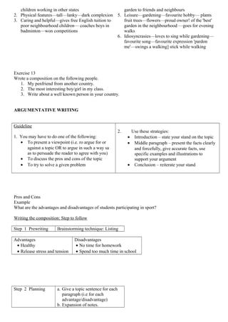 children working in other states
2. Physical features—tall—lanky—dark complexion
3. Caring and helpful—gives free English tuition to
poor neighbourhood children— coaches boys in
badminton—won competitions
garden to friends and neighbours
5. Leisure—gardening—favourite hobby— plants
fruit trees—flowers—proud owner! of the 'best'
garden in the neighbourhood —goes for evening
walks
6. Idiosyncrasies—loves to sing while gardening—
favourite song—favourite expression 'pardon
me'—swings a walking] stick while walking
Exercise 13
Wrote a composition on the following people.
1. My penfriend from another country.
2. The most interesting boy/girl in my class.
3. Write about a well known person in your country.
ARGUMENTATIVE WRITING
Guideline
1. You may have to do one of the following:
• To present a viewpoint (i.e. ro argue for or
against a topic OR to argue in such a way sa
as to persuade the reader to agree with you)
• To discuss the pros and cons of the topic
• To try to solve a given problem
2. Use these strategies:
• Introduction – state your stand on the topic
• Middle paragraph – present the facts clearly
and forcefully, give accurate facts, use
specific examples and illustrations to
support your argument
• Conclusion – reiterate your stand
Pros and Cons
Example
What are the advantages and disadvantages of students participating in sport?
Writing the composition: Step to follow
Step 1 Prewriting Brainstorming technique: Listing
Advantages
• Healthy
• Release stress and tension
Disadvantages
• No time for homework
• Spend too much time in school
Step 2 Planning a. Give a topic sentence for each
paragraph (i.e for each
advantage/disadvantage)
b. Expansion of notes.
 