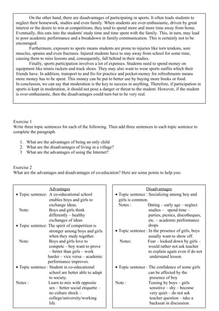 Exercise 1
Write three topic sentences for each of the following. Then add three sentences to each topic sentence to
complete the paragraph.
1. What are the advantages of being an only child
2. What are the disadvantages of living in a village?
3 What are the advantages of using the Internet?
Exercise 2
What are the advantages and disadvantages of co-education? Here are some points to help you:
On the other hand, there are disadvantages of participating in sports. It often leads students to
neglect their homework, studies and even family. When students are over-enthusiastic, driven by great
interest or the desire to win at competitions, they tend to spend more and more time away from home.
Eventually, this eats into the students' study time and time spent with the family. This, in turn, may lead
to poor academic performance and a breakdown in family communication. This is certainly not to be
encouraged.
Furthermore, exposure to sports means students are prone to injuries like torn tendons, sore
muscles, sprains and even fractures. Injured students have to stay away from school for some time,
causing them to miss lessons and, consequently, fall behind in their studies.
Finally, sports participation involves a lot of expenses. Students need to spend money on
equipment like tennis rackets and track shoes. They may also want to wear sports outfits which their
friends have. In addition, transport to and fro for practice and pocket-money for refreshments means
more money has to be spent. This money can be put to better use by buying more books or food.
In conclusion, we can say that moderation is the key to success in anything. Therefore, if participation in
sports is kept in moderation, it should not pose a danger or threat to the student. However, if the student
is over-enthusiastic, then the disadvantages could turn 6ut to be very real.
Advantages
• Topic sentence: A co-educational school
enables boys and girls to
exchange ideas.
Note: Boys and girls think
differently – healthy
exchanges of ideas
• Topic sentence: The spirit of competition is
stronger among boys and girls
when they study together.
Note: Boys and girls love to
compete – boy want to prove
– better than girls – work
harder – vice versa – academic
performance improves.
• Topic sentence : Student in co-educational
school are better able to adapt
to society.
Notes : Learn to mix with opposite
sex – better social etiquette –
no culture shock –
college/university/working
life.
Disadvantages
• Topic sentence : Socializing among boy and
girls is common.
Notes : Dating – early age – neglect
studies – spend time –
parties, picnics, discotheques,
etc. – academic performance
drops
• Topic sentence : In the presence of girls, boys
usually want to show off.
Notes: Fear – looked down by girls –
would rather not ask teacher
to explain again even if do not
understand lesson.
• Topic sentence : The confidence of some girls
can be affected by the
presence of boy
Note : Teasing by boys – girls
sensitive – shy – become
very quiet – do not ask
teacher question – take a
backseat in discussion.
 