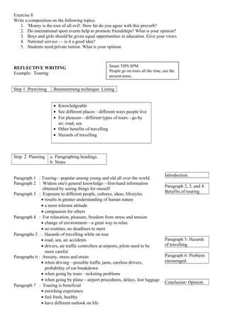 Exercise 8
Write a composition on the following topics.
1. 'Money is the root of all evil'. How far do you agree with this proverb?
2. Do international sport events help to promote friendships? What is your opinion?
3. Boys and girls should be given equal opportunities in education. Give your views
4. National service — is it a good idea?
5. Students need private tuition. What is your opinion
REFLECTIVE WRITING
Example: Touring
Step 1 Prewriting Brainstorming technique: Listing
• Knowledgeable
• See different places—different ways people live
• For pleasure—different types of tours—go by
air, road, sea
• Other benefits of travelling
• Hazards of travelling
Step 2 Planning a. Paragraphing headings.
b. Notes
Paragraph 1 : Touring—popular among young and old all over the world.
Paragraph 2 : Widens one's general knowledge—first-hand information
obtained by seeing things for oneself
Paragraph 3 : Exposure to different people, cultures, ideas, lifestyles
• results in greater understanding of human nature
• a more tolerant attitude
• compassion for others
Paragraph 4 : For relaxation, pleasure, freedom from stress and tension
• change of environment—a great way to relax
• no routines, no deadlines to meet
Paragraphs 5 : Hazards of travelling while on tour
• road, sea, air accidents
• drivers, air traffic controllers at airports, pilots need to be
more careful
Paragraphs 6 : Anxiety, stress and strain
• when driving—possible traffic jams, careless drivers,
probability of car breakdown
• when going by train—ticketing problems
• when going by plane—airport procedures, delays, lost luggage
Paragraph 7 : Touring is beneficial
• enriching experience
• feel fresh, healthy
• have different outlook on life
Smart TIPS SPM
People go on tours all the time, use the
present tense.
Introduction.
Paragraph 2, 3, and 4:
Benefits of touring.
Paragraph 5: Hazards
of travelling
Paragraph 6: Problem
encouraged.
Conclusion: Opinion.
 