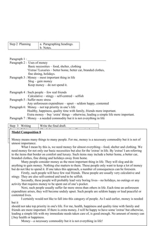 Step 2 Planning a. Paragraphing headings.
b. Notes.
Paragraph 1 : _________________________________________________
Paragraph 2 : Uses of money
Basic necessities – food, shelter, clothing
‘Extras’/Luxuries – better home, better car, branded clothes,
fine dining, holidays.
Paragraph 3 : Money – most important thing in life
Slog – gain money
Keep money – do not spend it.
Paragraph 4 : Such people – few real friends
Calculative – stingy – self-centred – selfish
Paragraph 5 : Suffer more stress
Any unforeseen expenditure – upset – seldom happy, contented
Paragraph 6: Money – not top priority in one’s life
Healthy, happiness, quality time with family, friends more important.
Extra money – buy ‘extra’ things – otherwise, leading a simple life more important.
Paragraph 7 : Money – a needed commodity but it is not everything in life
Step 3 Writing Write the final draft.
Step 4 Editing Check for grammar and spelling mistakes.
Improve on vocabulary and sentence
structures.
Step 5 Rewriting Write the final draft.
Model Composition 8
Money means many things to many people. For me, money is a necessary commodity but it is not of
utmost importance.
What I mean by this is, we need money for almost everything—food, shelter and clothing. We
need money for not only our basic necessities but also for the 'extras' in life. By 'extras' I am referring
to the items that border on comfort and luxury. Such items may include a better home, a better car,
branded clothes, fine dining and holidays away from home.
Many people consider money as the most important thing in life. They will slog and do
anything to gain money. Nothing else matters to them. These people only want to keep a lot of money
but do not like to spend it. If one takes this approach, a number of consequences can be foreseen.
Firstly, such people will have few real friends. These people are usually very calculative and
stingy. They are also self-centred and tend to be selfish.
Secondly, these people will probably lead very boring lives—no holidays, no outings or any
activity that requires money to be spent out of one’s pocket.
Next, such people usually suffer far more stress than others in life. Each time an unforeseen
expenditure arises, they will become unduly upset. Such people are seldom happy or lead peaceful or
contented lives.
I certainly would not like to fall into this category of people. As I said earlier, money is needed
but it
should not take top priority in one's life. For me, health, happiness and quality time with family and
friends are more important. If there is extra money, I will be happy to have some 'extras' but otherwise,
leading a simple life with my immediate needs taken care of, is good enough. No amount of money can
[.buy health or happiness.
Money—a necessary commodity but it is not everything in life!
 