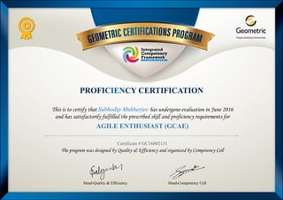 This is to certify that Subhodip Mukherjee has undergone evaluation in June 2016
and has satisfactorily fulfilled the prescribed skill and proficiency requirements for
AGILE ENTHUSIAST (GCAE)
The program was designed by Quality & Efficiency and organized by Competency Cell
Head-Quality & Efficiency Head-Competency Cell
Certificate # GC16002131
 