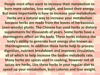 People most often want to increase their metabolism to
  burn more calories, lose weight, and boost their energy.
But more importantly is how to increase your metabolism.
    Herbs are a natural way to increase your metabolism
  because herbs are made from the leaves of herbaceous
(non-woody) plants. The Chinese has used herbs as dietary
  supplements for thousands of years. Some herbs have a
 thermogenic effect on the body. These herbs enhance the
    body's ability to generate heat energy also known as
   thermogenesis. In addition these herbs help to process
  digestion, nutrient breakdown and improves circulation,
   all of which to help increase the bodies metabolic rate.
  Many herbs are spices used in cooking, however not all
  spices are herbs. Use these herbs in your regular diet to
 speed up your metabolism, burn calories and lose weight.
 