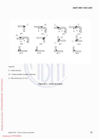 ABNT NBR 15461:2007
©ABNT 2007 - Todos os direitos reservados 31
Legenda:
C – Solda contínua.
CF – Soldas de filete completo contínuas.
A – Não menos que 12,7 mm.
Figura B.5 — Juntas de ângulo
Exemplarparausoexclusivo-PETROLEOBRASILEIRO-33.000.167/0036-31
Impresso por: PETROBRAS
 