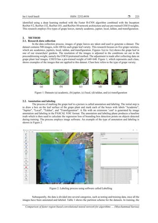 Int J Artif Intell ISSN: 2252-8938 
Comparison of faster region-based convolutional neural network for algorithms … (Moechammad Sarosa)
223
identified using a deep learning method with the Faster R-CNN algorithm combined with the Inception
ResNet V2, ResNet-152, ResNet-101, and ResNet-50 network architecture and use pre-trained COCO weights.
This research employs five types of grape leaves, namely academic, jupiter, local, taldun, and transfiguration.
2. METHOD
2.1. Research data collection
In the data collection process, images of grape leaves are taken and used to generate a dataset. The
dataset contains 500 images, with 100 for each grape leaf variety. This research focuses on five grape varieties,
which are academics, jupiters, local, taldun, and transfiguration. Figures 1(a) to 1(e) shows the grape leaf in
one of our researchers' gardens. The resolution of the images is adjusted to the conditions set out in the
preconditioning weight, namely the COCO pretrained method. The adjustment is made after collecting data on
grape plant leaf images. COCO has a pre-trained weight of 640×640. Figure 1, which represents each class,
shows examples of the images that are applied to this dataset. Class here refers to the type of grape variety.
(a) (b) (c) (d) (e)
Figure 1. Datasets (a) academic, (b) jupiter, (c) local, (d) taldun, and (e) transfiguration
2.2. Annotation and labeling
The process of marking the grape leaf in a picture is called annotation and labeling. The initial step is
to draw a box on the leaf surface of the grape plant and mark each of the boxes with labels "Academic",
"Jupiter", "Local", "Taldun", and "Transfiguration". A file with an extension '.xml' is generated by image
annotation and labeling in the PASCAL VOC format. The annotation and labeling phase produces a baseline
truth which is then used to calculate the regression loss of bounding box detection points on objects detected
during training. The process employs image software. An example of the type of annotation and labeling is
shown in Figure 2.
Figure 2. Labeling process using software called LabelImg
Subsequently, the data is divided into several categories, such as testing and training data, once all the
images have been annotated and labeled. Table 1 shows the partition scheme for the datasets. In training, the
 