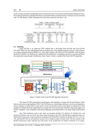  ISSN: 2252-8938
Int J Artif Intell, Vol. 14, No. 1, February 2025: 222-230
224
result of image annotation and labeling may not be directly used. To be used in training and modeling activities,
the resulting annotation and label files that are generated with an extension format '.xml' have to be converted
into '.csv' file formats. Table 2 illustrates the conversion results for the file to '.csv'.
Table 1. Table of dataset splits
Exp schematic- Total training data Total test data
1 400 50
2 450 50
Table 2. Conversion results of XML to CSV files
File name Wide Tall Class Xmin Ymin Xmax Ymax
Academic5.jpg 640 640 academic 55 142 543 622
Jupiter6.jpg 640 640 jupiter 87 6 615 596
Local4.jpg 640 640 local 6 9 590 512
Taldun3.jpg 640 640 taldun 22 7 507 537
Transfiguration2.jpg 640 640 transfiguration 114 85 635 545
2.3. Modeling
Faster R-CNN is an improved CNN method that is developed from R-CNN and Fast R-CNN
[18]–[20]. What sets this method apart from its predecessors is the upgrade from the selective search feature
to a region proposal network (RPN) [21]. This study employs the Faster R-CNN algorithm with Inception
ResNet V2, ResNet-152, ResNet-101, and ResNet-50 architecture. A modeling exercise was carried out before
the experiment using Google Collaboratory tools. Figure 3 shows a model of the Faster R-CNN algorithm.
Figure 3. Model of the Faster R-CNN algorithm illustration
The Faster R-CNN architectural model begins with inputting an image and the leaf features which
then are recovered using backbone CNN. The CNN known as a technology that uses a set of convolutionals to
retrieve features in order [22] to create layers of care on the final result at each phase of training [23]. This
method can identify the items represented in an image [24]. The research also tested the organizing capacity of
COCO, computer vision, ImageNet, and natural language processing (NLP) to use large image classification
data.
The CNN backbones used in this study are Inception ResNet V2, ResNet-152, ResNet-101, and
ResNet-50. ResNet was one od the best deep neural networks in the 2015 classification competition know as
IMAGENET large scale visual recognition competition (ILSVRC2015). ResNet-18, ResNet-50, 101, 110, 152,
164, and ResNet-1202 are all identical variants with a variable number of layers [25]. The last number in the
ResNet architecture name indicates the total layers of the architecture for feature extraction in an image.
 