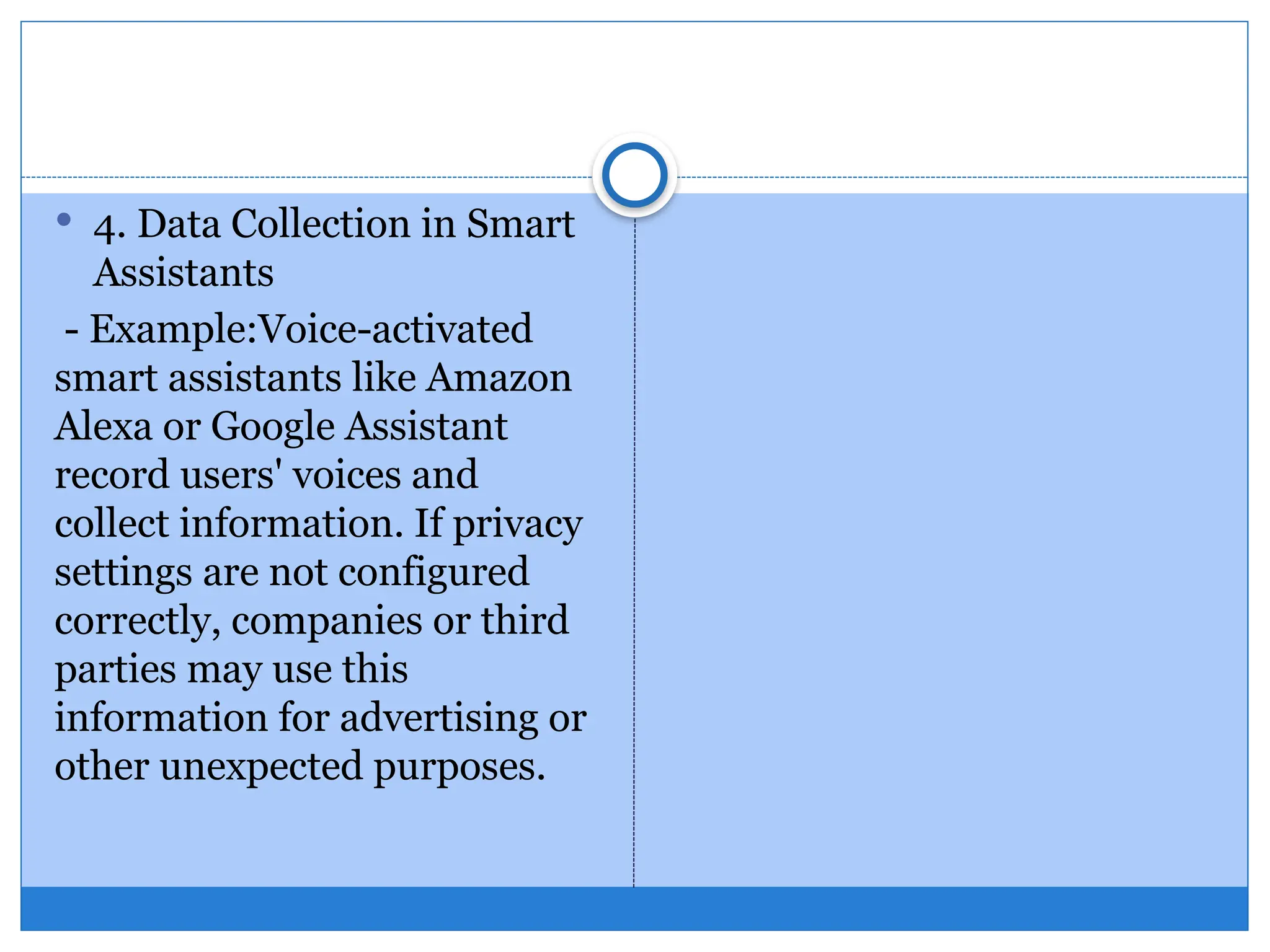  4. Data Collection in Smart
Assistants
- Example:Voice-activated
smart assistants like Amazon
Alexa or Google Assistant
record users' voices and
collect information. If privacy
settings are not configured
correctly, companies or third
parties may use this
information for advertising or
other unexpected purposes.
 