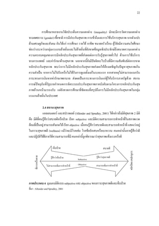 22
การศึกษาหลายงานวิจัยประเด็นความแตกตาง (inequality) มักจะมีการวัดความแตกตาง
ทางเพศภาวะ (gender) เชื้อชาติ การมีประกันสุขภาพ การเขาถึงและการใชบริการสุขภาพ จากตัวแปร
ดานเศรษฐกิจและสังคม อันไดแก การศึกษา รายได อาชีพ ขนาดครัวเรือน ผูวิจัยมีความสนใจศึกษา
ชองวางระหวางกลุมแรงงานยายถิ่นและไมยายถิ่นที่ยังขาดขอมูลเชิงประจักษถึงขนาดความแตกตาง
ความครอบคลุมของการมีหลักประกันสุขภาพที่สงผลตอการรับรูสุขภาพทั่วไป ดานการใชบริการ
ทางการแพทย และคารักษาดานสุขภาพ นอกจากนี้ยังมีปจจัยอะไรบางที่มีความสัมพันธตอการขาด
หลักประกันสุขภาพ พบวาการไมมีหลักประกันสุขภาพสงผลใหตองเผชิญกับปญหาสุขภาพเกิน
ความจําเปน จากการไมไปรับหรือไมไดรับการดูแลตั้งแตในระยะแรก จากสาเหตุไมสามารถแบกรับ
ภาระทางการเงินจากคารักษาพยาบาล สงผลเปนภาระทางการเงินแกผูใหบริการภาครัฐดวย สถาน
การณปจจุบันที่รัฐบาลกําหนดการจัดระบบประกันสุขภาพภาคบังคับตามโครงการหลักประกันสุข
ภาพถวนหนามารองรับ แตยังขาดการศึกษาที่ชัดเจนที่สรุปถึงการไมมีหลักประกันสุขภาพในกลุม
แรงงานยายถิ่นในประเทศ
2.4 สถานะสุขภาพ
แอลเลนเดอร และสปราดเลย (Allender and Spradley, 2001) ไดกลาวถึงมิติสุขภาพ 2 มิติ
คือ มิติที่คนรูสึกวาสบายดีหรือปวย เรียก subjective และมิติความสามารถการทําหนาที่ในสภาพแวด
ลอมที่เปนอยูสามารถสังเกตไดเรียกobjective เมื่อคนรูสึกวาสบายดีและสามารถทําหนาที่แสดงวาอยู
ในภาวะสุขภาพดี (wellness) แมวาจะมีโรคเชน โรคขออักเสบหรือเบาหวาน คนเหลานั้นอาจรูสึกวาดี
และปฏิบัติไดดีภายใตความสามารถที่มีคนเหลานี้ถูกพิจารณาวาสุขภาพแข็งแรงหรือดี
ภาพประกอบ4 มุมมองมิติแบบsubjectiveและobjectiveของภาวะสุขภาพดีและเจ็บปวย
ที่มา :Allender and Spradley, 2001
เจ็บปวย
พิการหรือตาย
ระดับสุขภาพสูงสุด
รูสึกวาเจ็บปวย
ไมสามารถเพิ่มการทําหนาที่
รูสึกวาสุขภาพดี
สามารถเพิ่มการทําหนาที่
สบายดี
Subjective
Objective
 