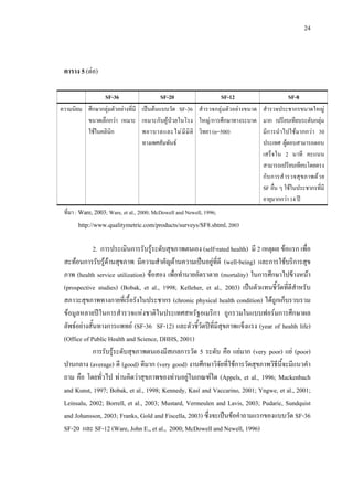 24
ตาราง 5 (ตอ)
SF-36 SF-20 SF-12 SF-8
ความนิยม ศึกษากลุมตัวอยางที่มี
ขนาดเล็กกวา เหมาะ
ใชในคลินิก
เปนตนแบบวัด SF-36
เหมาะกับผูปวยในโรง
พยาบาลและไมมีมิติ
ทางเพศสัมพันธ
สํารวจกลุมตัวอยางขนาด
ใหญ/การศึกษาทางระบาด
วิทยา (n=500)
สํารวจประชากรขนาดใหญ
มาก เปรียบเทียบระดับกลุม
มีการนําไปใชมากกวา 30
ประเทศ ผูตอบสามารถตอบ
เสร็จใน 2 นาที คะแนน
สามารถเปรียบเทียบโดยตรง
กับการสํารวจสุขภาพดวย
SF อื่น ๆ ใชในประชากรที่มี
อายุมากกวา14ป
ที่มา : Ware,2003; Ware, et al., 2000; McDowell and Newell, 1996;
http://www.qualitymetric.com/products/surveys/SF8.shtml, 2003
2. การประเมินการรับรูระดับสุขภาพตนเอง (self-rated health) มี 2 เหตุผล ขอแรก เพื่อ
สะทอนการรับรูดานสุขภาพ มีความสําคัญดานความเปนอยูที่ดี (well-being) และการใชบริการสุข
ภาพ (health service utilization) ขอสอง เพื่อทํานายอัตราตาย (mortality) ในการศึกษาไปขางหนา
(prospective studies) (Bobak, et al., 1998; Kelleher, et al., 2003) เปนตัวแทนชี้วัดที่ดีสําหรับ
สภาวะสุขภาพทางกายที่เรื้อรังในประชากร (chronic physical health condition) ไดถูกเก็บรวบรวม
ขอมูลหลายปในการสํารวจแหงชาติในประเทศสหรัฐอเมริกา ถูกรวมในแบบฟอรมการศึกษาผล
ลัพธอยางสั้นทางการแพทย (SF-36 SF-12) และตัวชี้วัดปที่มีสุขภาพแข็งแรง (year of health life)
(Office of Public Health and Science, DHHS, 2001)
การรับรูระดับสุขภาพตนเองมีสเกลการวัด 5 ระดับ คือ แยมาก (very poor) แย (poor)
ปานกลาง (average) ดี (good) ดีมาก (very good) งานศึกษาวิจัยที่ใชการวัดสุขภาพวิธีนี้จะมีแนวคํา
ถาม คือ โดยทั่วไป ทานคิดวาสุขภาพของทานอยูในเกณฑใด (Appels, et al., 1996; Mackenbach
and Kunst, 1997; Bobak, et al., 1998; Kennedy, Kasl and Vaccarino, 2001; Yngwe, et al., 2001;
Leinsalu, 2002; Borrell, et al., 2003; Mustard, Vermeulen and Lavis, 2003; Pudaric, Sundquist
and Johansson, 2003; Franks, Gold and Fiscella, 2003) ซึ่งจะเปนขอคําถามแรกของแบบวัด SF-36
SF-20 และ SF-12 (Ware, John E., et al., 2000; McDowell and Newell, 1996)
 
