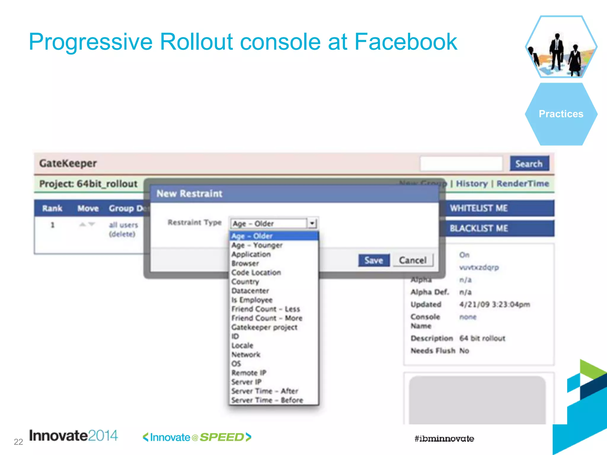 Progressive Rollout console at Facebook
Practices
22
 