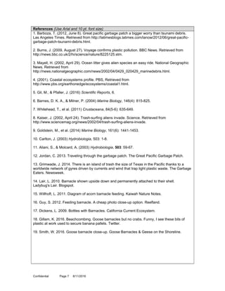 References (Use Arial and 10 pt. font size)
1. Barboza, T. (2012, June 8). Great pacific garbage patch a bigger worry than tsunami debris.
Las Angeles Times. Retrieved from http://latimesblogs.latimes.com/lanow/2012/06/great-pacific-
garbage-patch-tsunami-debris.html.
2. Burns, J. (2009, August 27). Voyage confirms plastic pollution. BBC News. Retrieved from
http://news.bbc.co.uk/2/hi/science/nature/8225125.stm.
3. Mayell, H. (2002, April 29). Ocean litter gives alien species an easy ride. National Geographic
News, Retrieved from
http://news.nationalgeographic.com/news/2002/04/0429_020429_marinedebris.html.
4. (2001). Coastal ecosystems profile. PBS, Retrieved from
http://www.pbs.org/earthonedge/ecosystems/coastal1.html.
5. Gil, M., & Pfaller, J. (2016) Scientific Reports, 6.
6. Barnes, D. K. A., & Milner, P. (2004) Marine Biology, 146(4): 815-825.
7. Whitehead, T., et al. (2011) Crustaceana, 84(5-6): 635-649.
8. Kaiser, J. (2002, April 24). Trash-surfing aliens invade. Science. Retrieved from
http://www.sciencemag.org/news/2002/04/trash-surfing-aliens-invade.
9. Goldstein, M., et al. (2014) Marine Biology, 161(6): 1441-1453.
10. Carlton, J. (2003) Hydrobiologia, 503: 1-8.
11. Aliani, S., & Molcard, A. (2003) Hydrobiologia, 503: 59-67.
12. Jordan, C. 2013. Traveling through the garbage patch. The Great Pacific Garbage Patch.
13. Grimwade, J. 2014. There is an island of trash the size of Texas in the Pacific thanks to a
worldwide network of gyres driven by currents and wind that trap light plastic waste. The Garbage
Eaters. Newsweek.
14. Lair, L. 2010. Barnacle shown upside down and permanently attached to their shell.
Ladybug's Lair. Blogspot.
15. Willhoft, L. 2011. Diagram of acorn barnacle feeding. Kaiwah Nature Notes.
16. Guy, S. 2012. Feeding barnacle. A cheap photo close-up option. Reefland.
17. Dickens, L. 2009. Bottles with Barnacles. California Current Ecosystem.
18. Gillam, K. 2016. Beachcombing. Goose barnacles but no crabs. Funny, I see these bits of
plastic at work used to secure banana pallets. Twitter.
19. Smith, W. 2016. Goose barnacle close-up. Goose Barnacles & Geese on the Shoreline.
Confidential Page 7 8/11/2016
 