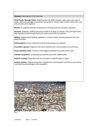 Glossary (Use Arial and 10 pt. font size)
Great Pacific Garbage Patch- Stretching from the North American west cost to the coast of
Japan, debris and garbage is constantly moving due to circular ocean currents (when warm and
cold currents come together).
Sessile- An organism (animals are exclusive to the sea) locked in one place, stationary.
Barnacle- Stationary shellfish that secures itself to an array of surfaces. They have light bristly
legs that help to feed through filtering the water around them for plankton.
Rafting- Sizable mob of floating vegetation in a body of water, carrying organisms from one
place to another.
Anthropogenic- Human influenced environmental change, e.g. pollution.
Foundation species- Organism that has an essential role in the formation of a community.
Rocky intertidal zones- The point where jagged shorelines and ocean waves meet.
Coastal ecosystems- Complicated and diverse area of life, seaside areas.
Endemic ecology- Organisms that are narrowed to a specific place or region.
Invasive species- Organisms that don't originate from the ecosystem that they're overrunning,
most likely causing damage to that ecosystem.
Fig. 1
Confidential Page 8 8/11/2016
 