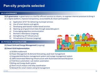 © 2015 NDMC
xxxxxxxxxxxxxxxxxxxxxxxxxxxxxxxxxxxxxxxxxxxxxxxxxxxxxxxxxxxxxxxxxxxxxxxxxxxxxxxxxxxxxxxxxxxxxxxxx
Pan-city projects selected
19
(1) E-governance: e-governance as a tool for efficient services to citizens, re-engineer internal processes to bring it
on a digital platform, improve transparency, accountability & citizen participation
a) Application of ICT for delivering municipal services
b) Use of smart devices and agents
c) Developing web-based/ mobile-based services
d) Opening up of government data through www.data.gov.in
e) Encouraging paperless communication
f) Biometric Attendance (ongoing)
g) Strengthening ICT Infrastructure
h) Virtualization of Licenses (ongoing)
(1) Smart Grid and Energy Management (ongoing):
(2) Smart Grid Implementation:
a) SCADA enablement
b) Power Management & demand forecasting, peak load management
c) Integrated distribution management system and outage management system
d) 100% Automated Metering Infrastructure with Automated Demand Response
e) Field force automation: sub-station automation
f) Billing and Energy Audit system
g) Short circuit analysis and relay coordination
h) Network for smart meters and grid management
(A) E-GOVERNANCE
(B) PHYSICAL INFRASTRUCTURE
 