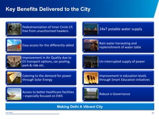 © 2015 NDMC
xxxxxxxxxxxxxxxxxxxxxxxxxxxxxxxxxxxxxxxxxxxxxxxxxxxxxxxxxxxxxxxxxxxxxxxxxxxxxxxxxxxxxxxxxxxxxxxxx
Key Benefits Delivered to the City
21
Pedestrianization of Inner Circle CP,
free from unauthorized hawkers
Easy access for the differently-abled
Improvement in Air Quality due to
EV transport options, car pooling,
park & ride etc.
Catering to the demand for power
through Solar Energy
Access to better healthcare facilities
– especially focused on EWS
24x7 potable water supply
Rain water harvesting and
replenishment of water table
Un-interrupted supply of power
Improvement in education levels
through Smart Education initiatives
Robust e-Governance
Making Delhi A Vibrant City
 
