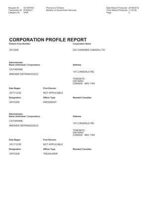 Request ID: 021387543 Province of Ontario Date Report Produced: 2018/03/12
Transaction ID: 67405221 Ministry of Government Services Time Report Produced: 11:52:55
Category ID: UN/E Page: 3
CORPORATION PROFILE REPORT
Ontario Corp Number Corporation Name
2613208 242 CANNABIS CANADA LTD.
Administrator:
Name (Individual / Corporation) Address
CATHERINE
107 LONSDALE RD.
BREWER DEFRANCESCO
TORONTO
ONTARIO
CANADA M4V 1W4
Date Began First Director
2017/12/28 NOT APPLICABLE
Designation Officer Type Resident Canadian
OFFICER PRESIDENT
Administrator:
Name (Individual / Corporation) Address
CATHERINE
107 LONSDALE RD.
BREWER DEFRANCESCO
TORONTO
ONTARIO
CANADA M4V 1W4
Date Began First Director
2017/12/28 NOT APPLICABLE
Designation Officer Type Resident Canadian
OFFICER TREASURER
 