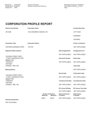 Request ID: 021387543 Province of Ontario Date Report Produced: 2018/03/12
Transaction ID: 67405221 Ministry of Government Services Time Report Produced: 11:52:55
Category ID: UN/E Page: 1
CORPORATION PROFILE REPORT
Ontario Corp Number Corporation Name Incorporation Date
2613208 242 CANNABIS CANADA LTD. 2017/12/28
Jurisdiction
ONTARIO
Corporation Type Corporation Status Former Jurisdiction
ONTARIO BUSINESS CORP. ACTIVE NOT APPLICABLE
Registered Office Address Date Amalgamated Amalgamation Ind.
NOT APPLICABLE NOT APPLICABLE
100 KING STREET WEST
1 FIRST CANADIAN PLACE New Amal. Number Notice Date
Suite # 1600
TORONTO NOT APPLICABLE NOT APPLICABLE
ONTARIO
CANADA M5X 1G5 Letter Date
Mailing Address NOT APPLICABLE
Revival Date Continuation Date
100 KING STREET WEST
1 FIRST CANADIAN PLACE NOT APPLICABLE NOT APPLICABLE
Suite # 1600
TORONTO Transferred Out Date Cancel/Inactive Date
ONTARIO
CANADA M5X 1G5 NOT APPLICABLE NOT APPLICABLE
EP Licence Eff.Date EP Licence Term.Date
NOT APPLICABLE NOT APPLICABLE
Number of Directors Date Commenced Date Ceased
Minimum Maximum in Ontario in Ontario
00001 00010 NOT APPLICABLE NOT APPLICABLE
Activity Classification
NOT AVAILABLE
 