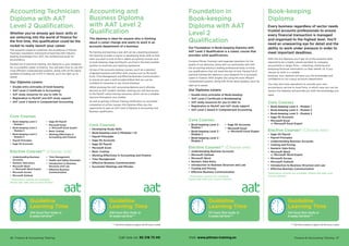 26 Finance  Accounting Training
*** Full-time is based on approx 20-30 hours a week*** Full-time is based on approx 20-30 hours a week
Finance  Accounting Training 27
Guideline
Learning Time
127 hours flexi study or
5 weeks full-time***
Foundation in
Book-keeping
Diploma with AAT
Level 2
Qualification
Our Foundation in Book-keeping Diploma with
AAT Level 2 Qualification is a classic course that
provides solid qualifications.
Combine Pitman Training’s well-regarded reputation for the
quality of our diplomas, along with our partnership with AAT,
the accounting industry’s leading professional body, to bring
you qualifications that will stand the test of time. Packed full of
practical training this diploma is your blueprint for a successful
career in Finance. With insights into using the most efficient
computerised systems, along with all the latest updates, you’ll be
right up to speed.
Our Diploma covers:
•	 Double entry principles of Book-keeping
•	 ‘AAT Level 2 Certificate in Bookkeeping’
•	 AAT study resources for you to refer to
•	 Registration to MyAAT and AAT study support
•	 AAT Level 2 Award in Computerised Accounting.
Core Courses
•	 Book-keeping Level 2 -
Module 1
•	 Book-keeping Level 2 -
Module 2
•	 Book-keeping Level 2 -
Module 3
•	 Sage 50 Accounts
•	 Microsoft Excel
or Microsoft Excel Expert
Elective Courses** (Choose one)
•	 Understanding Business Accounts
•	 Microsoft Outlook
•	 Microsoft Word
•	 Numeric Data Entry
•	 Introduction to Business Structure and Law
•	 Costing and Pricing
•	 Effective Business Communication
**Alternative choices are available.
Please talk with your Course Advisor.
Book-keeping
Diploma
Every business regardless of sector needs
trusted accounts professionals to ensure
every financial transaction is managed
and organised to the highest level. You’ll
need an unwavering eye for detail and the
ability to work under pressure in order to
meet important deadlines.
With the this Diploma you’ll get all of the essential skills
required to be a highly valued assistant to company
accountants in larger firms – collecting, checking and
analysing financial information on their behalf. Or, if you
choose to work in a smaller
business, your diploma will give you the knowledge and
confidence to run a busy accounts department.
You may also have aspirations to provide your own
accountancy service to local firms, in which case you can be
certain this diploma will provide you with the knowledge you
need.
Core Courses
•	 Book-keeping Level 2 - Module 1
•	 Book-keeping Level 2 - Module 2
•	 Book-keeping Level 2 - Module 3
•	 Sage 50 Accounts
•	 Microsoft Excel
or Microsoft Excel Expert
Elective Courses* (Choose two)
•	 Sage 50 Payroll
•	 Payroll Principles
•	 Understanding Business Accounts
•	 Costing and Pricing
•	 Numeric Data Entry
•	 Microsoft Word
or Microsoft Word Expert
•	 Microsoft Access
•	 Microsoft Outlook
•	 Introduction to Business Structure and Law
•	 Effective Business Communication
*Alternative choices are available. Please talk with your
Course Advisor.
Guideline
Learning Time
144 hours flexi study or
6 weeks full-time***
Accounting Technician
Diploma with AAT
Level 2 Qualification
Whether you’ve already got basic skills or
are venturing into the world of finance for
the first time, this qualification could be the
rocket to really launch your career.
This powerful diploma combines the excellence of Pitman
Training’s reputation and practical learning with industry
leading knowledge from AAT, the professional body for
accountancy.
Packed full of practical training, this diploma is your blueprint
for a successful career in finance. You will learn how to use the
most efficient computerised systems, along with all the latest
updates including use of RTi in Payroll, you’ll be right up to
speed.
Our Diploma covers:
•	 Double entry principles of book-keeping
•	 ‘AAT Level 2 Certificate in Accounting’
•	 AAT study resources for you to refer to
•	 Registration to MyAAT and AAT study support
•	 AAT Level 2 Award in Computerised Accounting
Guideline
Learning Time
204 hours flexi study or
8 weeks full-time***
•	 Book-keeping Level 2
- Module 1
•	 Book-keeping Level 2
- Module 2
•	 Book-keeping Level 2
- Module 3
•	 Payroll Principles
•	 Sage 50 Accounts
•	 Sage 50 Payroll
•	 Microsoft Excel
or Microsoft Excel Expert
•	 Basic Costing
•	 Working Effectively in
Accounting and Finance
•	 Understanding Business
Accounts
•	 Numeric Data Entry
•	 Microsoft Word
or Microsoft Word Expert
•	 Microsoft Access
•	 Microsoft Outlook
•	 Time Management
•	 Health and Safety Essentials
•	 Introduction to Business
Structure and Law
•	 Effective Business
Communication
Elective Courses** (Choose one)
Core Courses
**Alternative choices are available.
Please talk with your Course Advisor.
Call now on: 93 218 73 00 Visit: www.pitman-training.es
Accounting and
Business Diploma
with AAT Level 2
Qualification
This diploma is ideal for anyone who is thinking
about a career change and wants to work in an
accounts department of a business.
Re-training and learning a new skill can be a daunting prospect;
this diploma includes a course on developing study skills so that
when you start to look at the in-depth accounting courses such
as book-keeping, Sage and Payroll, you’ll be in the best possible
position to maximise your learning experience.
On top of the accounts training courses, you’ll do a selection
of general business and office skills courses such as Microsoft
Excel, Time Management and Effective Business Communication
to ensure you gain a well-rounded skillset that you can be
confident to showcase to any future employer.
Whilst studying this AAT accounting diploma you’ll officially
become an AAT student member, meaning you will have access
to the MyAAT online training resources, which can be a valuable
resource throughout your studies.
As well as gaining a Pitman Training certification on successful
completion of all the courses, this Diploma offers you the
opportunity to gain an AAT Level 2 Diploma in Accounting and
Business qualification.
Core Courses
•	 Developing Study Skills
•	 Book-keeping Level 2 (Modules 1-3)
•	 Payroll Principles
•	 Sage 50 Accounts
•	 Sage 50 Payroll
•	 Microsoft Excel
•	 Basic Costing
•	 Working Effectively in Accounting and Finance
•	 Time Management
•	 Effective Business Communication
•	 Successful Meetings and Minutes
Guideline
Learning Time
248 hours flexi study or
10 weeks full-time***
 