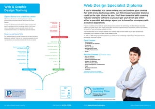 Web  Graphic Design Training 41
Core Courses
•	 Dreamweaver
or WordPress for Business
•	 Photoshop
•	 Website Design
•	 Introduction to HTML
or HTML Fundamentals
•	 HTML 5
Elective Courses* (Choose two)
•	 SEO for Business
•	 CIW Foundations
•	 Powerful Presentation Skills
•	 Google+ for Business
•	 Effective Meeting Skills
•	 Project Management Fundamentals
•	 Flash
•	 Blogging for Business
•	 Fireworks
*Alternative choices are available.
Please talk with your Course Advisor.
Guideline
Learning Time
170 hours flexi study or
7 weeks full-time**
** Full-time is based on approx 20-30 hours a week
Web Design Specialist Diploma
40 Web  Graphic Design Training
If you’re interested in a career where you can combine your creative
flair with strong technology skills, our Web Design Specialist Diploma
could be the right choice for you. You’ll learn essential skills covering
industry-standard software so you can get your dream job within
either a specialist web design agency or in-house for a company with
a creative department.
If you’re a creative person with an eye for design and a passion for technology, the Web Design Specialist
Diploma is a great choice. The digital world offers enormous opportunities as businesses continue to embrace
the wealth of new technology available to them.
This role will allow you to not only express your creative side; but also enable you to gain the technical
knowledge that is required to make things happen online.
So with our Web Design Specialist Diploma your skills will be increasingly in demand as the world of new
technology continues to grow.
Web  Graphic
Design Training
Course
KEY
Award
Diploma
Recommended Career Paths
Our Roadmap helps to provide guidance for the skills required in
each sector outlined. These are for illustration purposes only, our
course advisors can provide a tailored plan to suit your goals.
Pitman English
Enhance your diploma
and improve your English
for career success
See page 49
Photoshop
Web Design Award
MTA Software
Development
JavaScript
Fundamentals
Certified Java
Associate
Adobe Flash
Adobe Illustrator
Adobe InDesign
Adobe Creative
Cloud Award
Graphic Design Diploma
with Adobe ACA
HTML 5
HTML
Website Design
Web Design
Specialist Diploma
Dreamweaver
WordPress for Business
GRAPHIC DESIGN WEB DESIGN
WEB DEVELOPMENT
SEO for Business
Open doors to a creative career
We all know the internet is absolutely essential to doing
business today and people with web design skills are in high
demand.
To meet this demand and ensure that you will be equipped with
the skills you need to pursue web design as part of your career,
we have developed a range of specialist courses, the most
comprehensive of which is our Web Design Specialist Diploma.
Call now on: 93 218 73 00 Visit: www.pitman-training.es
 