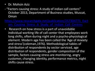 • Dr. Mohsin Aziz
- “Factors causing stress: A study of indian call centers”
October 2013, Department of Business studies, Muscat,
Oman
https://www.researchgate.net/publication/257304771_Fact
ors_Causing_Stress_A_Study_of_Indian_Call_Centres
• Research on how stress is a part of unavoidable
individual working life of call center that employees work
long shifts, often during night and a psycho-physiological
element. Modern age has been called the ‘Age of Anxiety
and stress’(coleman,1976). Methodological tables of
distribution of respondents by sector serviced, age
distribution of respondents, gender composition of the
sample, factors causing stress are monitoring, angry
customer, changing identity, performance metrics, night
shifts cause stress.
 