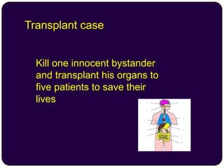 Transplant case
Kill one innocent bystander
and transplant his organs to
five patients to save their
lives
 