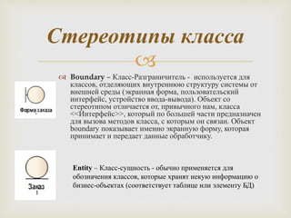 
Стереотипы класса
 Boundary – Класс-Разграничитель - используется для
классов, отделяющих внутреннюю структуру системы от
внешней среды (экранная форма, пользовательский
интерфейс, устройство ввода-вывода). Объект со
стереотипом отличается от, привычного нам, класса
<<Интерфейс>>, который по большей части предназначен
для вызова методов класса, с которым он связан. Объект
boundary показывает именно экранную форму, которая
принимает и передает данные обработчику.
Entity – Класс-сущность - обычно применяется для
обозначения классов, которые хранят некую информацию о
бизнес-объектах (соответствует таблице или элементу БД)
 
