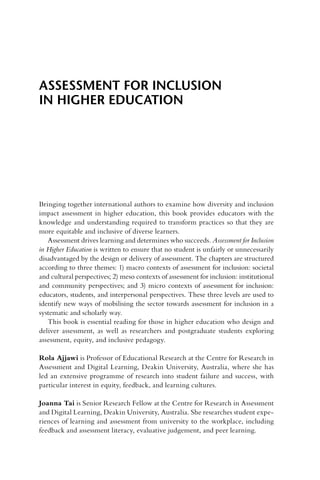 Assessment For Inclusion In Higher Education Promoting Equity And ...