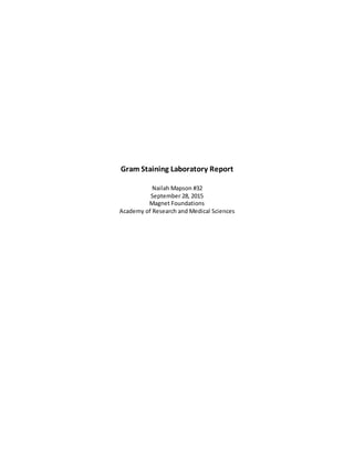 Gram Staining Laboratory Report
Nailah Mapson #32
September 28, 2015
Magnet Foundations
Academy of Research and Medical Sciences
 
