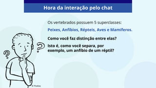 Hora da interação pelo chat
© PIxabay
Os vertebrados possuem 5 superclasses:
Peixes, Anfíbios, Répteis, Aves e Mamíferos.
Como você faz distinção entre elas?
Isto é, como você separa, por
exemplo, um anfíbio de um réptil?
 