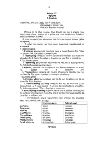 Μάθημα 53ο
Τα ρήματα
3. Οι χρόνοι
ΕΝΔΕΙΚΤΙΚΕΣ ΦΡΑΣΕΙΣ: Γράφω τώρα το μάθημά μου.
Χθες έγραψα τις ασκήσεις μου.
Κάθε μέρα θα γράφω αντιγραφή.
Βλέπουμε ότι το ρήμα «γράφω» όπως άλλωστε και όλα τα ρήματα έχουν
διαφορετικούς τύπους, ανάλογα με το χρόνο στον οποίο αναφέρονται, δηλαδή το
παρόν, το παρελθόν, το μέλλον.
Οι τύποι του ρήματος που φανερώνουν πότε γίνεται μια ενέργεια λέγονται χρόνοι
του ρήματος.
Οι χρόνοι του ρήματος είναι τριών ειδών: παροντικοί, παρελθοντικοί και
μελλοντικοί.
Α΄ Παροντικοί χρόνοι :
1. Ενεστώτας: φανερώνει κάτι που γίνεται τώρα, με ή χωρίς διακοπή. Π.χ. Γράφω
ένα γράμμα. Κάθε μέρα γράφω τα μαθήματά μου.
2. Παρακείμενος : φανερώνει κάτι που έχει γίνει στο παρελθόν, αλλά τώρα είναι
τελειωμένο. Π.χ. Ο Κώστας έχει γράψει το όνομά του και τώρα δίνει το τετράδιό του.
Β΄ Παρελθοντικοί χρόνοι :
3. Παρατατικός: φανερώνει κάτι που γινόταν στο παρελθόν με ή χωρίς διακοπή.
Π.χ. Κάθε βράδυ έγραφα τα μαθήματά μου.
4. Αόριστος : φανερώνει κάτι που έγινε στο παρελθόν σαν να έγινε σε μια στιγμή.
Π.χ. Έγραψα όλα τα μαθήματά μου.
5. Υπερσυντέλικος: φανερώνει κάτι που είχε τελειώσει στο παρελθόν πριν γίνει
κάτι άλλο. Π.χ. Είχα γράψει το μάθημά μου όταν μου τηλεφώνησες.
Γ΄ Μελλοντικοί χρόνοι:
6. Στιγμιαίος μέλλοντας: φανερώνει κάτι που θα γίνει στο μέλλον, σαν σε μια
στιγμή. Π.χ. Αύριο θα γράψω.
7. Εξακολουθητικός μέλλοντας: φανερώνει κάτι που θα γίνεται στο μέλλον
εξακολουθητικά –με ή χωρίς διακοπή – ή κάτι που θα επαναλαμβάνεται στο μέλλον.
Π.χ. Κάθε απόγευμα στις 7.00 μ.μ. θα γράφω τα αγγλικά μου.
8. Συντελεσμένος μέλλοντας :δείχνει ότι κάτι θα είναι τελειωμένο (συντελεσμένο)
στο μέλλον σε κάποια ορισμένη στιγμή. Π.χ. Όταν θ’ αρχίσουν τα κινούμενα σχέδια, θα
έχω γράψει τα μαθήματά μου.
Η συνηθισμένη σειρά (ιεράρχηση) των χρόνων του ρήματος
όταν το κλίνουμε είναι η εξής :
Ενεργητική φωνή Παθητική φωνή
Ενεστώτας γράφω γράφομαι
Παρατατικός έγραφα γραφόμουν
Αόριστος έγραψα γράφ(τ)ηκα
Στ. μέλλοντας θα γράψω θα γραφ(τ)ώ
Εξακ. μέλλοντας θα γράφω θα γράφομαι
Παρακείμενος έχω γράψει έχω γραφεί
Υπερσυντέλικος είχα γράψει είχα γραφεί
Συντελ. μέλλοντας θα έχω γράψει θα έχω γραφεί
ΑΣΚΗΣΕΙΣ
71
 