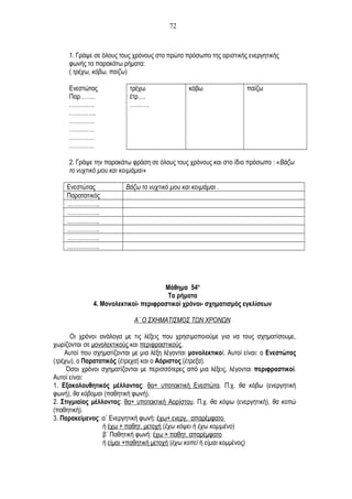 1. Γράψε σε όλους τους χρόνους στο πρώτο πρόσωπο της οριστικής ενεργητικής
φωνής τα παρακάτω ρήματα:
( τρέχω, κόβω, παίζω)
Ενεστώτας τρέχω κόβω παίζω
Παρ…….. έτρ….
…………. ……….
…………..
………….
………….
………….
………….
2. Γράψε την παρακάτω φράση σε όλους τους χρόνους και στο ίδιο πρόσωπο : «Βάζω
το νυχτικό μου και κοιμάμαι»
Ενεστώτας Βάζω το νυχτικό μου και κοιμάμαι .
Παρατατικός
……………..
……………..
……………..
……………..
……………..
……………..
Μάθημα 54ο
Τα ρήματα
4. Μονολεκτικοί- περιφραστικοί χρόνοι- σχηματισμός εγκλίσεων
Α΄ Ο ΣΧΗΜΑΤΙΣΜΟΣ ΤΩΝ ΧΡΟΝΩΝ
Οι χρόνοι ανάλογα με τις λέξεις που χρησιμοποιούμε για να τους σχηματίσουμε,
χωρίζονται σε μονολεκτικούς και περιφραστικούς.
Αυτοί που σχηματίζονται με μια λέξη λέγονται μονολεκτικοί. Αυτοί είναι: ο Ενεστώτας
(τρέχω), ο Παρατατικός (έτρεχα) και ο Αόριστος (έτρεξα).
Όσοι χρόνοι σχηματίζονται με περισσότερες από μια λέξεις, λέγονται περιφραστικοί.
Αυτοί είναι:
1. Εξακολουθητικός μέλλοντας: θα+ υποτακτική Ενεστώτα. Π.χ. θα κόβω (ενεργητική
φωνή), θα κόβομαι (παθητική φωνή).
2. Στιγμιαίος μέλλοντας: θα+ υποτακτική Αορίστου. Π.χ. θα κόψω (ενεργητική), θα κοπώ
(παθητική).
3. Παρακείμενος: α΄ Ενεργητική φωνή: έχω+ ενεργ. απαρέμφατο
ή έχω + παθητ. μετοχή (έχω κόψει ή έχω κομμένο)
β΄ Παθητική φωνή: έχω + παθητ. απαρέμφατο
ή είμαι +παθητική μετοχή (έχω κοπεί ή είμαι κομμένος)
72
 