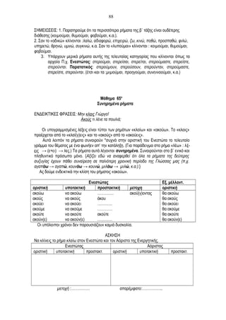 ΣΗΜΕΙΩΣΕΙΣ: 1. Παρατηρούμε ότι τα περισσότερα ρήματα της β΄ τάξης είναι ουδέτερης
διάθεσης (κοιμούμαι, θυμούμαι, φοβούμαι, κ.α.).
2. Σαν το «αδικώ» κλίνονται :λαλώ, αδιαφορώ, επιχειρώ, ζω, κινώ, ποθώ, προσπαθώ, φιλώ,
υπηρετώ, θρηνώ, υμνώ, συγκινώ, κ.α. Σαν το «λυπούμαι» κλίνονται : κοιμούμαι, θυμούμαι,
φοβούμαι.
3. Υπάρχουν μερικά ρήματα αυτής της τελευταίας κατηγορίας που κλίνονται όπως τα
αρχαία Π.χ. Ενεστώτας: στερούμαι, στερείσαι, στερείται, στερούμαστε, στερείστε,
στερούνται. Παρατατικός: στερούμουν, στερούσουν, στερούνταν, στερούμαστε,
στερείστε, στερούνται. (έτσι και τα :μιμούμαι, προηγούμαι, συνεννοούμαι, κ.α.)
Μάθημα 65ο
Συνηρημένα ρήματα
ΕΝΔΕΙΚΤΙΚΕΣ ΦΡΑΣΕΙΣ: Μην κλαις Γιώργο!
Ακούς τι λένε τα πουλιά;
Οι υπογραμμισμένες λέξεις είναι τύποι των ρημάτων «κλαίω» και «ακούω». Το «κλαις»
προέρχεται από το «κλαί(γ)εις» και το «ακούς» από το «ακούεις».
Αυτά λοιπόν τα ρήματα συναιρούν *συχνά στην οριστική του Ενεστώτα το τελευταίο
γράμμα του θέματος με ένα φωνήεν απ’ την κατάληξη. (Για παράδειγμα στο ρήμα «λέω» : λέ-
εις → (ε+ει) → λες.) Τα ρήματα αυτά λέγονται συνηρημένα. Συναιρούνται στο β΄ ενικό και
πληθυντικό πρόσωπο μόνο. {Αξίζει εδώ να αναφερθεί ότι όλα τα ρήματα της δεύτερης
συζυγίας έχουν πάθει συναίρεση σε παλιότερη χρονική περίοδο της Γλώσσας μας (π.χ.
αγαπάω → αγαπώ, κουνάω → κουνώ, μιλάω → μιλώ, κ.α.).}
Ας δούμε ενδεικτικά την κλίση του ρήματος «ακούω».
Ενεστώτας Εξ. μέλλοντ.
οριστική υποτακτική προστακτική μετοχη οριστική
ακούω να ακούω …………. ακού(γ)οντας θα ακούω
ακούς να ακούς άκου θα ακούς
ακούει να ακούει ………… θα ακούει
ακούμε να ακούμε ………… θα ακούμε
ακούτε να ακούτε ακούτε θα ακούτε
ακούν(ε) να ακούν(ε) ………… θα ακούν(ε)
Οι υπόλοιποι χρόνοι δεν παρουσιάζουν καμιά δυσκολία.
ΑΣΚΗΣΗ
Να κλίνεις το ρήμα κλαίω στον Ενεστώτα και τον Αόριστο της Ενεργητικής.
Ενεστώτας Αόριστος
οριστική υποτακτική προστακτ. οριστική υποτακτική προστακτ.
μετοχή :…………… απαρέμφατο:……………..
88
 