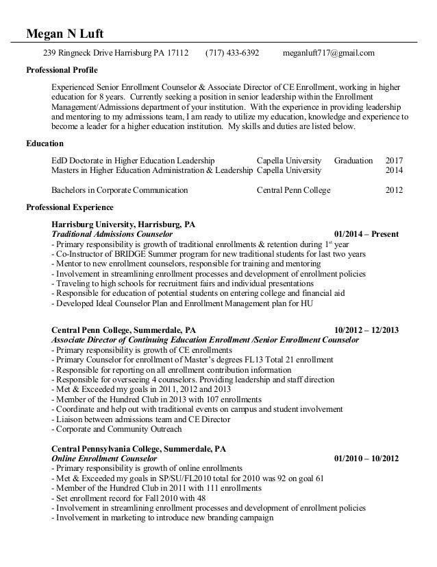 admission counselor resumes