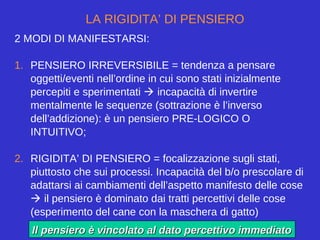 20
LA RIGIDITA’ DI PENSIERO
2 MODI DI MANIFESTARSI:
1. PENSIERO IRREVERSIBILE = tendenza a pensare
oggetti/eventi nell’ordine in cui sono stati inizialmente
percepiti e sperimentati  incapacità di invertire
mentalmente le sequenze (sottrazione è l’inverso
dell’addizione): è un pensiero PRE-LOGICO O
INTUITIVO;
2. RIGIDITA’ DI PENSIERO = focalizzazione sugli stati,
piuttosto che sui processi. Incapacità del b/o prescolare di
adattarsi ai cambiamenti dell’aspetto manifesto delle cose
 il pensiero è dominato dai tratti percettivi delle cose
(esperimento del cane con la maschera di gatto)
Il pensiero è vincolato al dato percettivo immediatoIl pensiero è vincolato al dato percettivo immediato
 