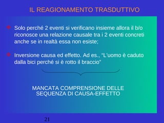 21
IL REAGIONAMENTO TRASDUTTIVO
 Solo perché 2 eventi si verificano insieme allora il b/o
riconosce una relazione causale tra i 2 eventi concreti
anche se in realtà essa non esiste;
 Inversione causa ed effetto. Ad es., “L’uomo è caduto
dalla bici perché si è rotto il braccio”
MANCATA COMPRENSIONE DELLE
SEQUENZA DI CAUSA-EFFETTO
 