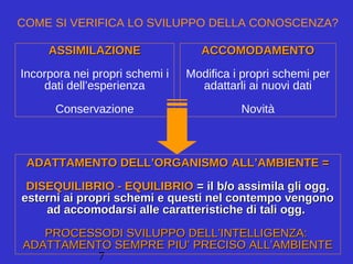 7
ADATTAMENTO DELL’ORGANISMO ALL’AMBIENTE =ADATTAMENTO DELL’ORGANISMO ALL’AMBIENTE =
DISEQUILIBRIO - EQUILIBRIODISEQUILIBRIO - EQUILIBRIO = il b/o assimila gli ogg.= il b/o assimila gli ogg.
esterni ai propri schemi e questi nel contempo vengonoesterni ai propri schemi e questi nel contempo vengono
ad accomodarsi alle caratteristiche di tali ogg.ad accomodarsi alle caratteristiche di tali ogg.
PROCESSODI SVILUPPO DELL’INTELLIGENZA:PROCESSODI SVILUPPO DELL’INTELLIGENZA:
ADATTAMENTO SEMPRE PIU’ PRECISO ALL’AMBIENTEADATTAMENTO SEMPRE PIU’ PRECISO ALL’AMBIENTE
ASSIMILAZIONEASSIMILAZIONE
Incorpora nei propri schemi i
dati dell’esperienza
Conservazione
ACCOMODAMENTOACCOMODAMENTO
Modifica i propri schemi per
adattarli ai nuovi dati
Novità
COME SI VERIFICA LO SVILUPPO DELLA CONOSCENZA?
 