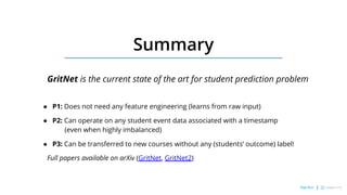 Summary
GritNet is the current state of the art for student prediction problem
● P1: Does not need any feature engineering...