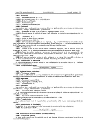 Lunes 27 de septiembre de 2010 DIARIO OFICIAL (Segunda Sección) 33
B.3.2.2. Materiales
B.3.2.2.1. Matraces Erlenmeyer de 125 mL.
B.3.2.2.2. Mortero de porcelana de 10 cm de diámetro.
B.3.2.2.3. Embudos de filtración.
B.3.2.2.4. Tubos de ensaye.
B.3.2.2.5. Pipetas graduadas de 10 mL.
B.3.2.3. Reactivos.
Los reactivos que a continuación se mencionan deben ser grado analítico a menos que se indique otra
especificación y por agua debe entenderse agua destilada.
B.3.2.3.1. Anaranjado de metilo (C14H14N3NaO3S). Solución acuosa al 0,15%.
B.3.2.3.2. Solución acuosa de hidróxido de sodio (NaOH). Disolver 66,5 g de hidróxido de sodio en 100 mL
de agua.
B.3.2.3.3. Cloroformo (CHCl3).
B.3.2.3.4. Sulfato de sodio anhidro (Na2SO4).
B.3.2.3.5. Acido clorhídrico (HCl) 2N.
B.3.2.3.6. Cloruro de benzalconio [cloruro de n-alquil-(C12 a C18) bencildimetil amonio, con un intervalo de
peso molecular de 351-380 y conteniendo cadenas de los grupos alquilo con 12 y 16 átomos de carbono], al
0,06%. Para prepararlo considerar la concentración inicial del reporte del fabricante.
B.3.2.4. Procedimiento.
B.3.2.4.1. Colocar 25 mL de leche en un matraz Erlenmeyer, agregar 0,5 mL de solución acuosa de
anaranjado de metilo, 1 mL de solución acuosa de hidróxido de sodio y 20 mL de cloroformo, agitar 3 min.
B.3.2.4.2. Pasar la emulsión resultante a un mortero al que previamente se le han agregado 50 g de
sulfato de sodio anhídro, triturar perfectamente, agregar 20 mL de cloroformo y filtrar. Al filtrado agregar 5 mL
de ácido clorhídrico 2 N y agitar.
B.3.2.4.3. Preparar una solución control de color, colocando en un matraz Erlenmeyer 25 mL de leche y
0,5 mL de la solución de cloruro de benzalconio al 0,06%. Proceder igual que en la muestra.
B.3.2.5. Interpretación de resultados.
Un color magenta cereza en la capa acuosa es una prueba positiva de cantidades mayores de 1 mg/kg de
sales cuaternarias de amonio.
B.3.2.6. Expresión de resultados.
Prueba positiva o negativa.
B.3.3. Oxidante (prueba cualitativa).
B.3.3.1. Principio del método.
Está basado en la formación de un compuesto colorido al hacer reaccionar el agente oxidante (peróxido de
hidrógeno) que contenga la muestra con pentóxido de vanadio en presencia de ácido sulfúrico al 6% (v/v)
B.3.3.2. Materiales.
B.3.3.2.1. Tubos de ensaye de 15 mL.
B.3.3.2.2. Pipetas graduadas de 5 y 10 mL.
B.3.3.2.3. Probetas de 100 mL.
B.3.3.3. Reactivos.
Los reactivos que a continuación se mencionan deben ser grado analítico a menos que se indique otra
especificación y por agua debe entenderse agua destilada.
B.3.3.3.1. Solución de ácido sulfúrico al 6%(v/v)
En un vaso de precipitados medir 94 mL de agua y lentamente resbalando por las paredes, adicionar 6 mL
de H2SO4 concentrado.
B.3.3.3.2. Solución de pentóxido de vanadio (V2O5).
Disolver 1 g de pentóxido de vanadio en 100 mL de ácido sulfúrico 6 + 94.
B.3.3.4. Procedimiento.
En un tubo de ensaye medir 10 mL de leche y agregarle de 0,5 a 1,0 mL del reactivo de pentóxido de
vanadio.
B.3.3.5. Interpretación de Resultados.
La aparición de un color rosa o rojo, indica la presencia de peróxido de hidrógeno (oxidante).
B.3.3.6. Expresión de resultados.
Prueba positiva o negativa.
B.3.4. Determinación de Formaldehído (prueba cualitativa).
B.3.4.1. Principio del método.
Se basa en la reacción del formaldehído con la sal disódica del ácido cromotrópico formando una
coloración de lila a púrpura.
 