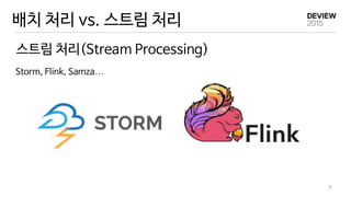 스트림 처리(Stream Processing)
배치 처리 vs. 스트림 처리
Storm, Flink, Samza…
7
 