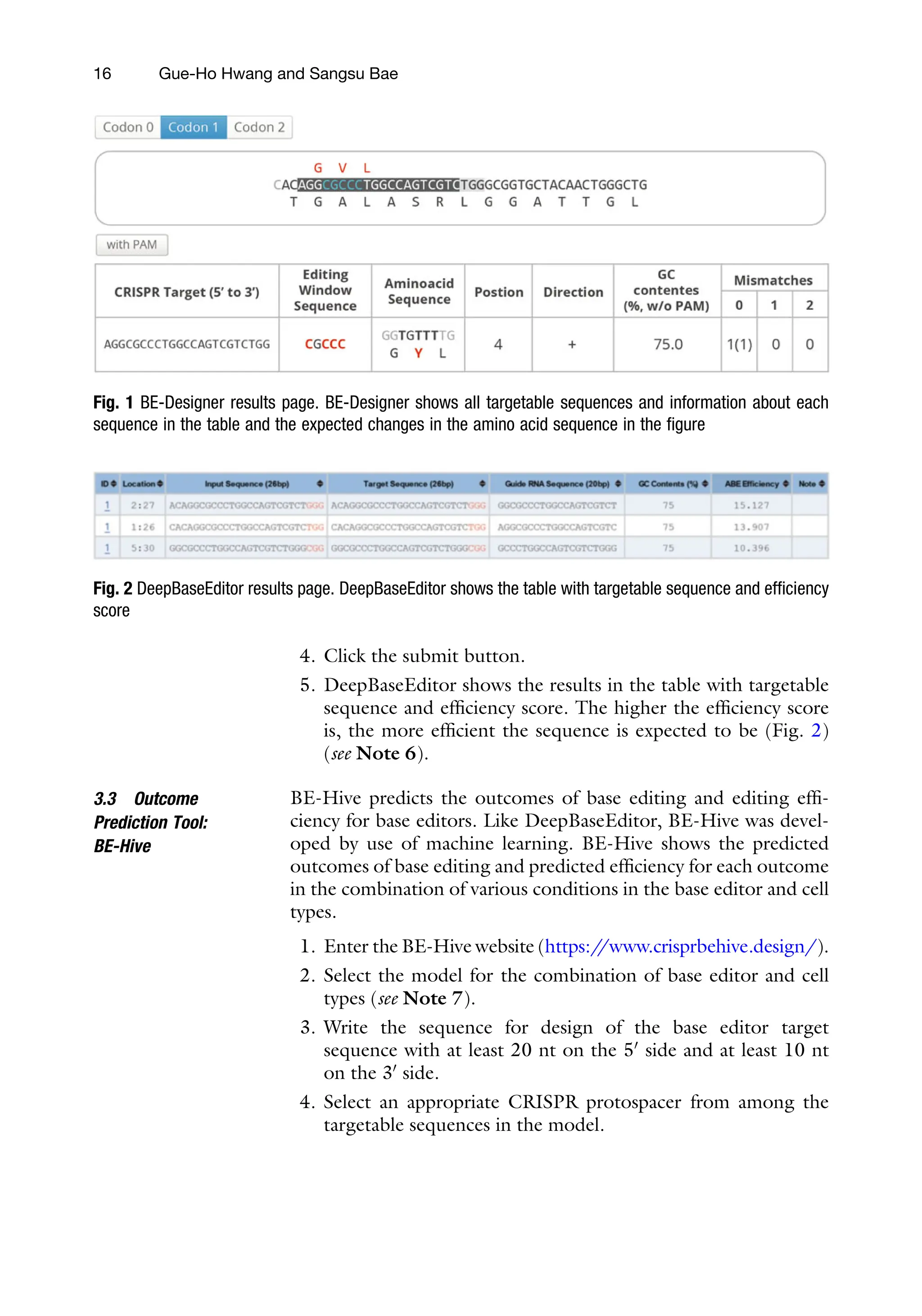 16 Gue-Ho Hwang and Sangsu Bae
Fig. 1 BE-Designer results page. BE-Designer shows all targetable sequences and information about each
sequence in the table and the expected changes in the amino acid sequence in the figure
Fig. 2 DeepBaseEditor results page. DeepBaseEditor shows the table with targetable sequence and efficiency
score
4. Click the submit button.
5. DeepBaseEditor shows the results in the table with targetable
sequence and efficiency score. The higher the efficiency score
is, the more efficient the sequence is expected to be (Fig. 2)
(see Note 6).
3.3 Outcome
Prediction Tool:
BE-Hive
BE-Hive predicts the outcomes of base editing and editing effi-
ciency for base editors. Like DeepBaseEditor, BE-Hive was devel-
oped by use of machine learning. BE-Hive shows the predicted
outcomes of base editing and predicted efficiency for each outcome
in the combination of various conditions in the base editor and cell
types.
1. Enter the BE-Hive website (https:/
/www.crisprbehive.design/).
2. Select the model for the combination of base editor and cell
types (see Note 7).
3. Write the sequence for design of the base editor target
sequence with at least 20 nt on the 50
side and at least 10 nt
on the 30
side.
4. Select an appropriate CRISPR protospacer from among the
targetable sequences in the model.
 
