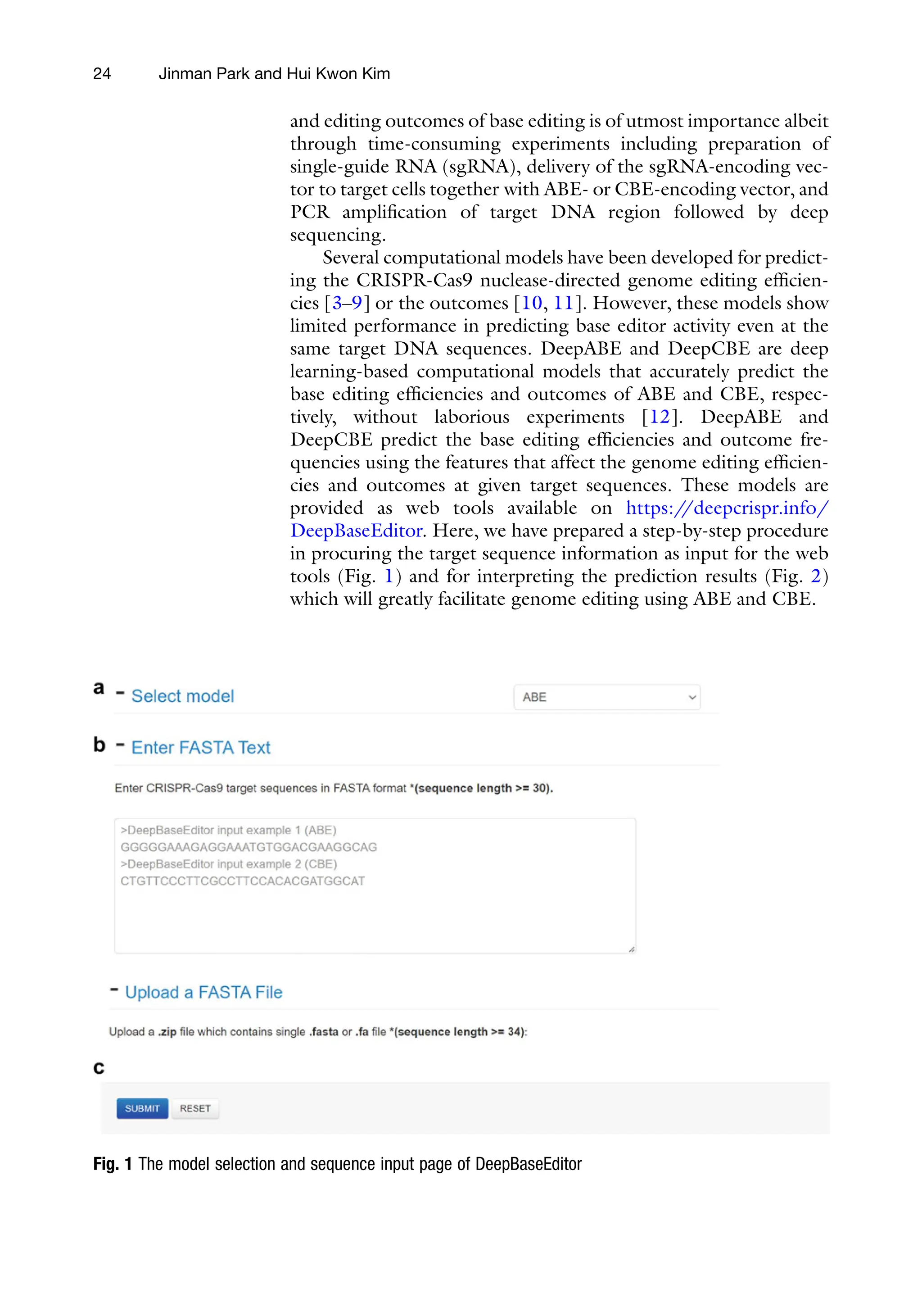 24 Jinman Park and Hui Kwon Kim
and editing outcomes of base editing is of utmost importance albeit
through time-consuming experiments including preparation of
single-guide RNA (sgRNA), delivery of the sgRNA-encoding vec-
tor to target cells together with ABE- or CBE-encoding vector, and
PCR amplification of target DNA region followed by deep
sequencing.
Several computational models have been developed for predict-
ing the CRISPR-Cas9 nuclease-directed genome editing efficien-
cies [3–9] or the outcomes [10, 11]. However, these models show
limited performance in predicting base editor activity even at the
same target DNA sequences. DeepABE and DeepCBE are deep
learning-based computational models that accurately predict the
base editing efficiencies and outcomes of ABE and CBE, respec-
tively, without laborious experiments [12]. DeepABE and
DeepCBE predict the base editing efficiencies and outcome fre-
quencies using the features that affect the genome editing efficien-
cies and outcomes at given target sequences. These models are
provided as web tools available on https:/
/deepcrispr.info/
DeepBaseEditor. Here, we have prepared a step-by-step procedure
in procuring the target sequence information as input for the web
tools (Fig. 1) and for interpreting the prediction results (Fig. 2)
which will greatly facilitate genome editing using ABE and CBE.
Fig. 1 The model selection and sequence input page of DeepBaseEditor
 