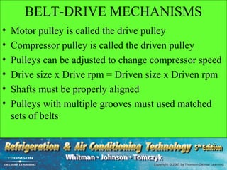 BELT-DRIVE MECHANISMS
•   Motor pulley is called the drive pulley
•   Compressor pulley is called the driven pulley
•   Pulleys can be adjusted to change compressor speed
•   Drive size x Drive rpm = Driven size x Driven rpm
•   Shafts must be properly aligned
•   Pulleys with multiple grooves must used matched
    sets of belts
 