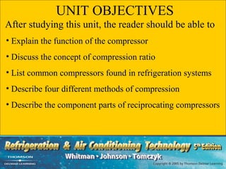 UNIT OBJECTIVES
After studying this unit, the reader should be able to
• Explain the function of the compressor
• Discuss the concept of compression ratio
• List common compressors found in refrigeration systems
• Describe four different methods of compression
• Describe the component parts of reciprocating compressors
 