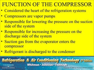 FUNCTION OF THE COMPRESSOR
• Considered the heart of the refrigeration systems
• Compressors are vapor pumps
• Responsible for lowering the pressure on the suction
  side of the system
• Responsible for increasing the pressure on the
  discharge side of the system
• Suction gas from the evaporator enters the
  compressor
• Refrigerant is discharged to the condenser
 