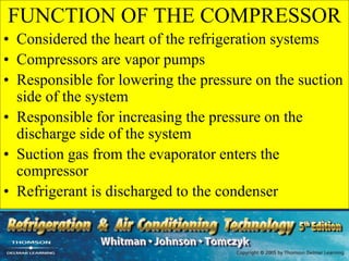 FUNCTION OF THE COMPRESSOR
• Considered the heart of the refrigeration systems
• Compressors are vapor pumps
• Responsible for lowering the pressure on the suction
side of the system
• Responsible for increasing the pressure on the
discharge side of the system
• Suction gas from the evaporator enters the
compressor
• Refrigerant is discharged to the condenser
 