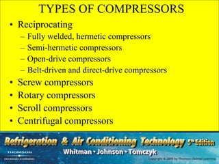 TYPES OF COMPRESSORS
• Reciprocating
– Fully welded, hermetic compressors
– Semi-hermetic compressors
– Open-drive compressors
– Belt-driven and direct-drive compressors
• Screw compressors
• Rotary compressors
• Scroll compressors
• Centrifugal compressors
 
